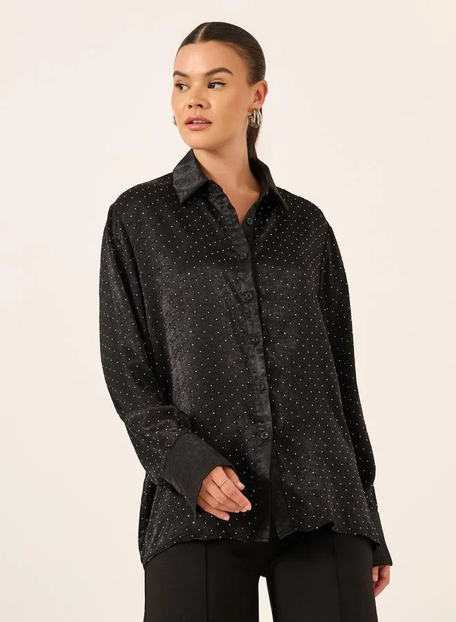 Styli Embellished Collared Long Sleeves Oversized Shirt