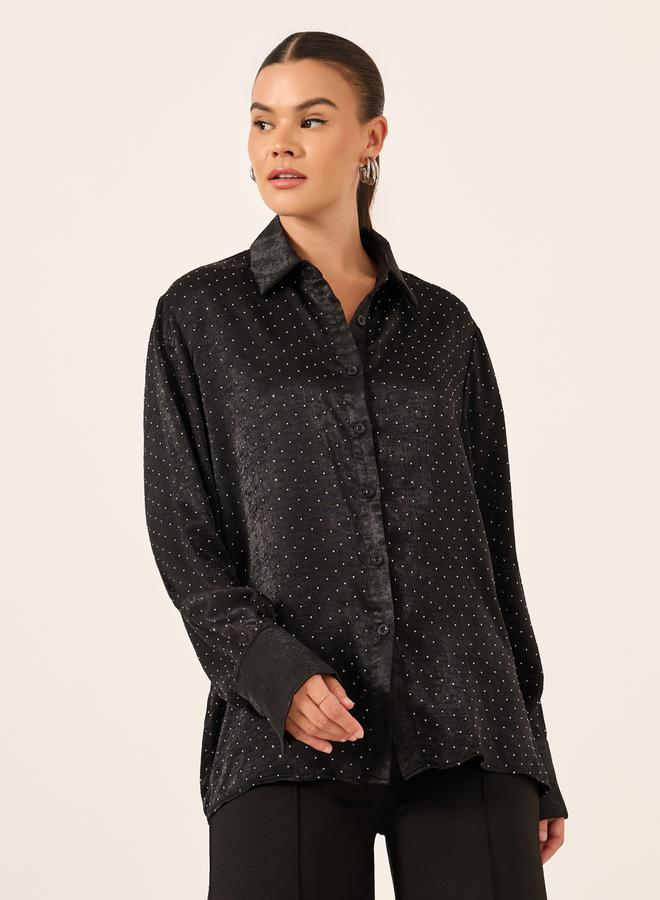 Styli Embellished Collared Long Sleeves Oversized Shirt  - Image 3