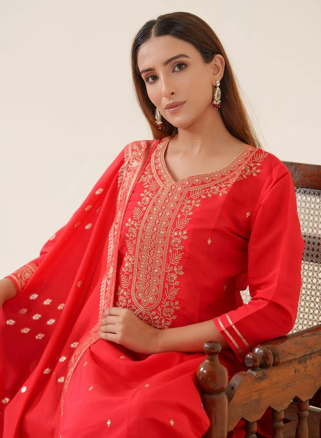 DW DW Embellished Straight Kurta with Trouser and Dupatta Set