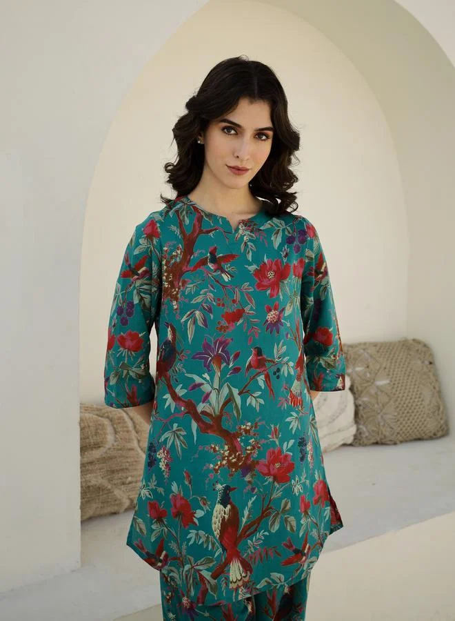 sanskrutihomes sanskrutihomes Pure Cotton Printed Notch Neck Top and Pyjama Set
