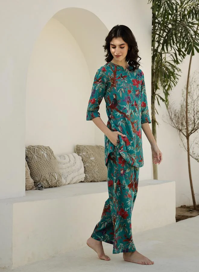 sanskrutihomes sanskrutihomes Pure Cotton Printed Notch Neck Top and Pyjama Set