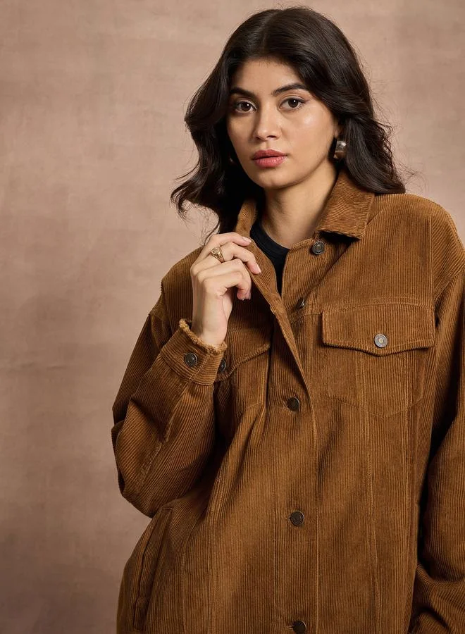 SASSAFRAS Textured Corduroy Oversized Shacket with Pockets by Styli