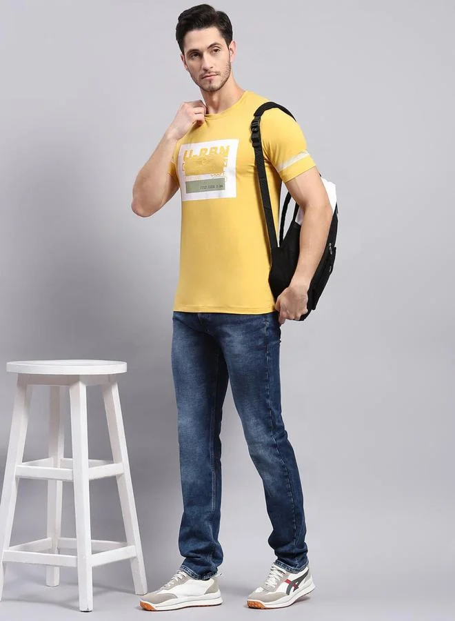 Monte Carlo Monte Carlo Regular Fit Mustard Printed Round Neck TShirt
