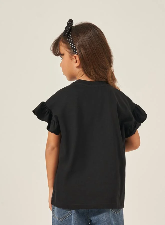 Styli Solid Dropped Shoulder T-Shirt with Ruffled Detail