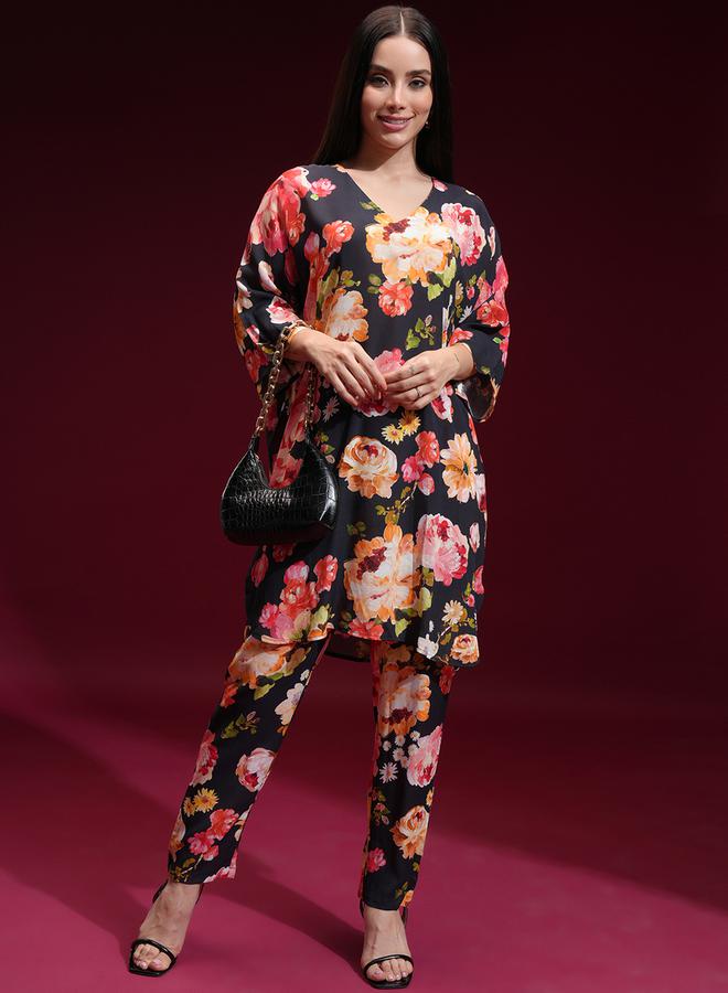 Vishudh Floral Printed V-Neck Tunic with Trousers Co-Ords by Styli  - Image 2