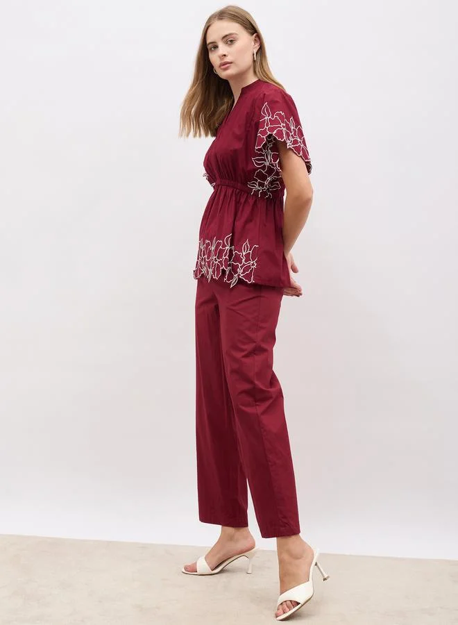 Styli Embroidered Short Sleeve Top and Straight Pants Co-Ords