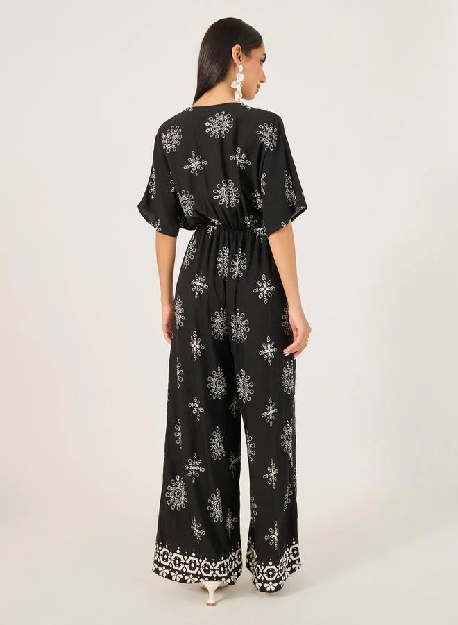 Styli Printed V Neck Short Sleeve Jumpsuit
