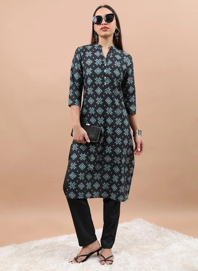 Vishudh Vishudh Geometric Printed Mandarin Collar Kurta