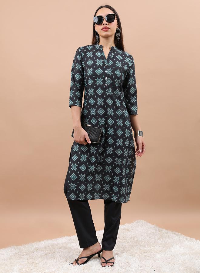 Vishudh Geometric Printed Mandarin Collar Kurta by Styli  - Image 4