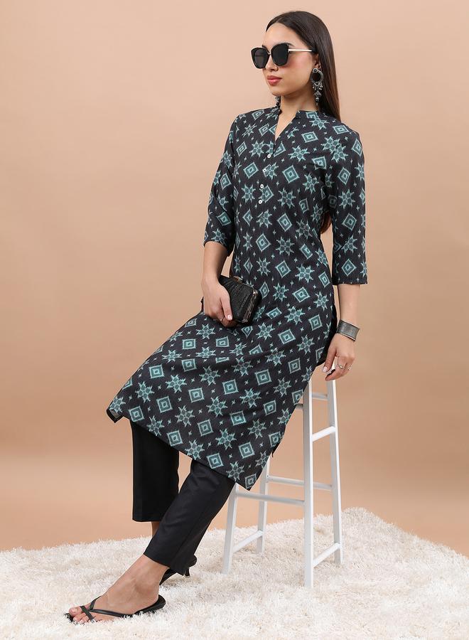 Vishudh Geometric Printed Mandarin Collar Kurta by Styli  - Image 1