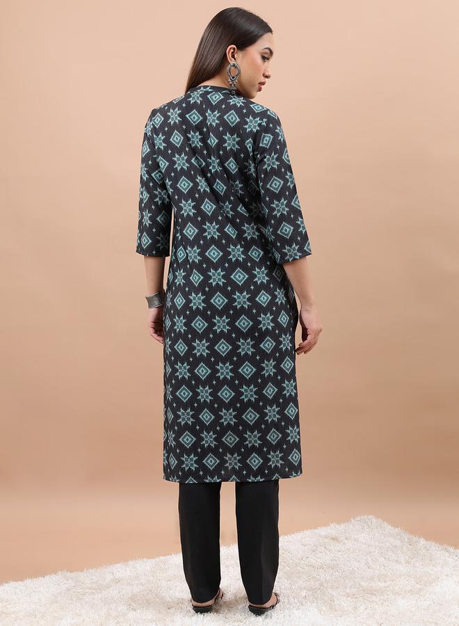 Vishudh Geometric Printed Mandarin Collar Kurta by Styli  - Image 3