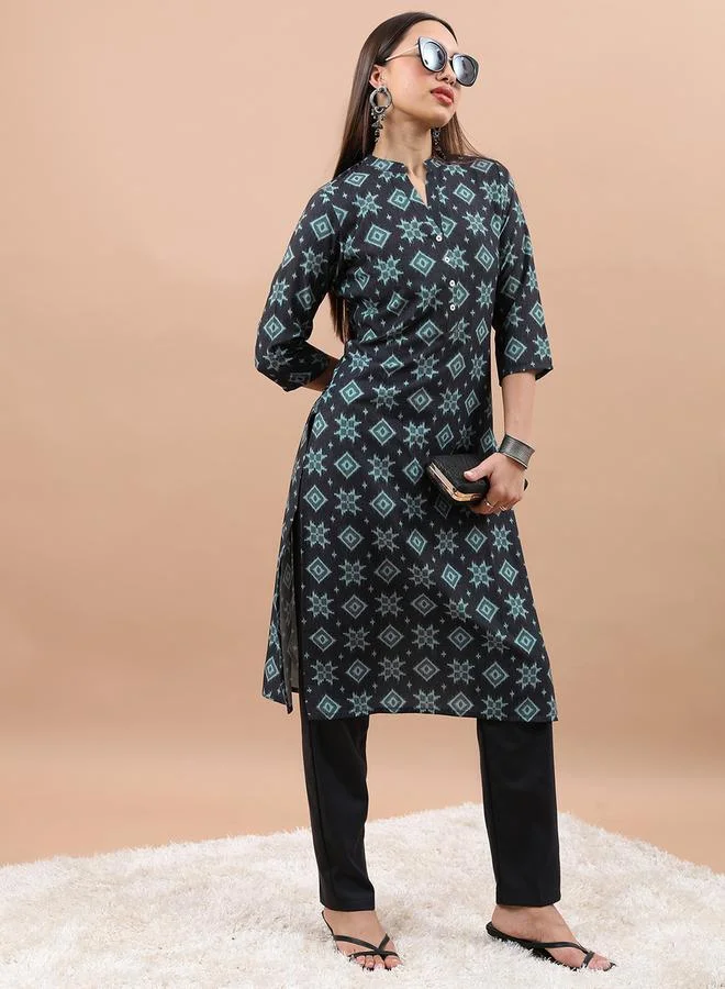 Vishudh Vishudh Geometric Printed Mandarin Collar Kurta