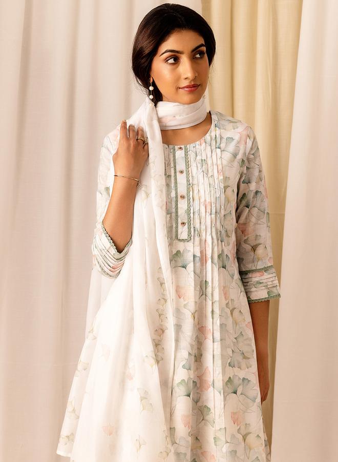 DW Printed Embroidered Linen A Line Kurta with Trousers and Dupatta Set by Styli  - Image 4