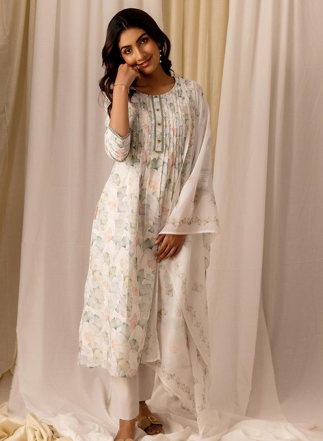 DW Printed Embroidered Linen A Line Kurta with Trousers and Dupatta Set by Styli  - Image 5