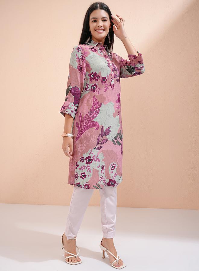 Vishudh Women Purple Floral Printed Viscose Kurta by Styli  - Image 4