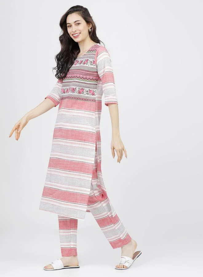 فيشود Women Multi-Colored Striped Cotton Kurta Set with Dupatta by Styli