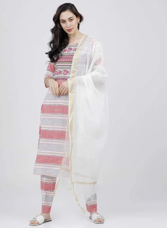 فيشود Women Multi-Colored Striped Cotton Kurta Set with Dupatta by Styli