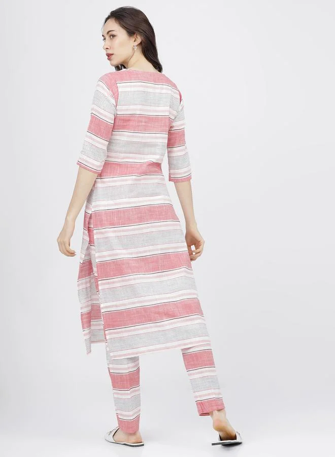 Vishudh Women Multi-Colored Striped Cotton Kurta Set with Dupatta by Styli