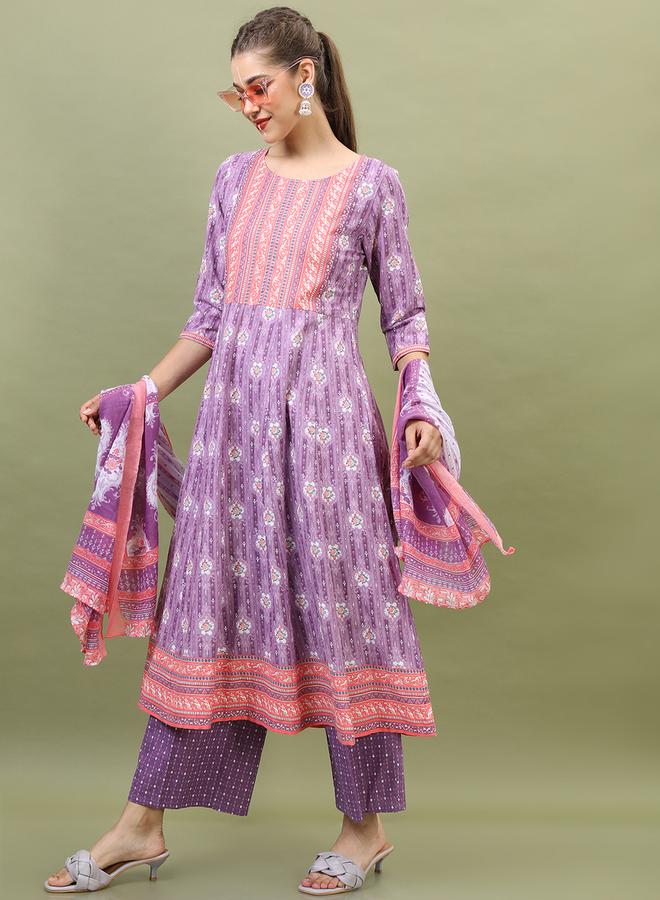 Vishudh Women Purple Floral Cotton Kurta Set by Styli  - Image 1