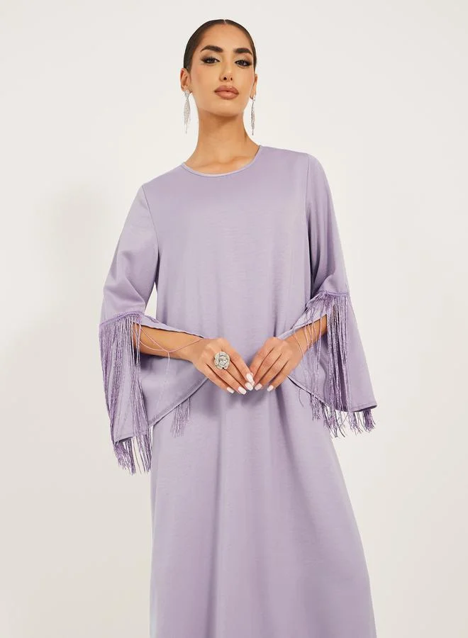 Styli matte satin jalabiya with tassel trims at sleeve hem